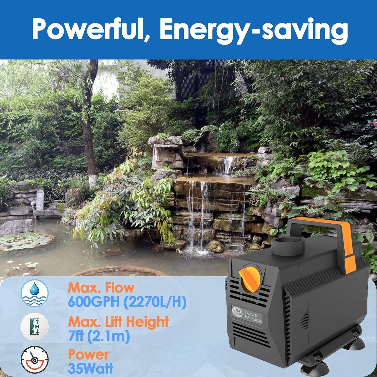 AquaMiracle 600GPH Submersible Water Pump Pond Pump(2270L/H, 35W), Water Fountain Pump Aquarium Water Pump with Flow Control for Fish Tank, Waterfall, Statuary, Filtration, Water feature, Hydroponics