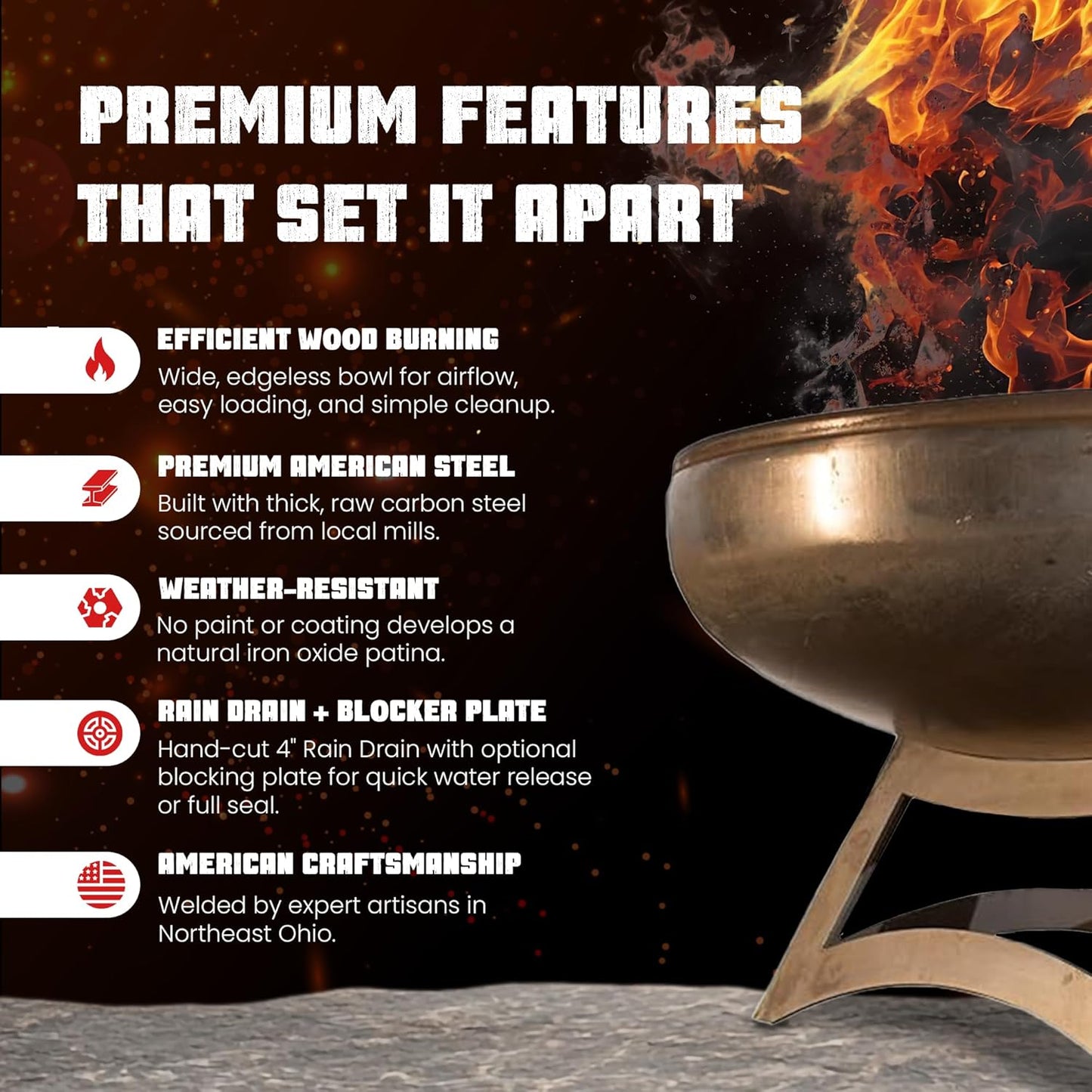 Liberty Fire Pit – Ohio Flame Wood Burning Outdoor Fire Pit - 30" Diameter with Hollow Base (Made in USA)