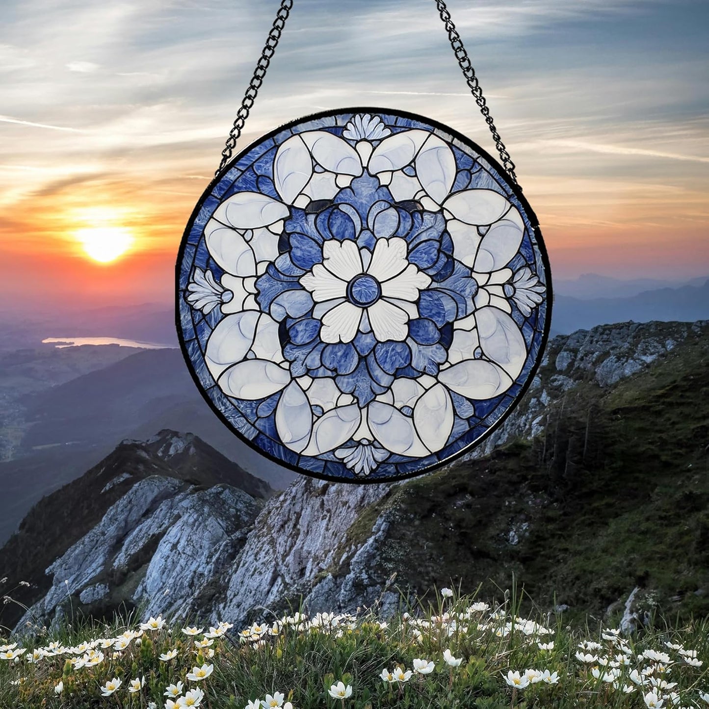 Stained Glass Window Hanging - Blue White Floral Pattern Suncatcher for Doors Garden Retro Sun Catchers Decor Christmas Mother's Day Birthday Gifts for Women Men Mom Nana Friend Girl 9.8 in