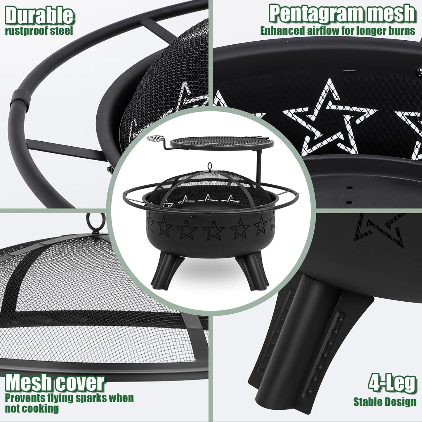 31" 2-in-1 Wood Burning Fire Pit with Swivel BBQ Grills & Spark Screen for Outside - Heavy Duty Outdoor Firepit with Charcoal Pan, Log Rack & Poker - for Backyard, Patio, Garden Bonfire