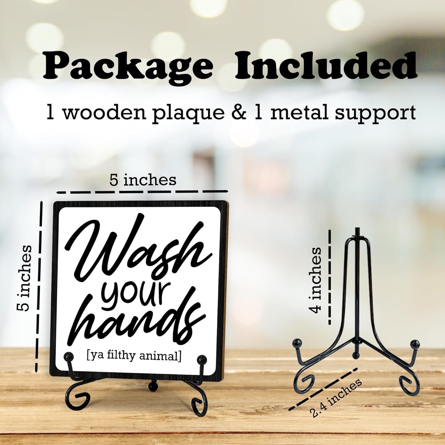 5" Wooden Plaque, Wash Your Hands, Bathroom Toilet Decor With 1 Metal Support, Shelf Decoration, Rustic Farmhouse Home Guest Room Accessories -B14