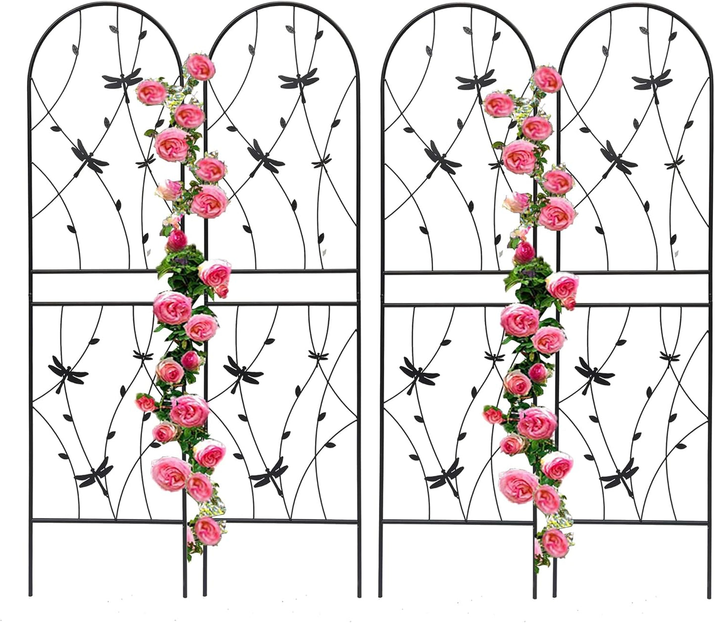 4 Pack Metal Garden Trellis 86.7" Tall Outdoor Climbing Plant Support for Roses, Flowers, Rustproof Durable Black Galvanized Tube, Lawn Garden Fence Decor Screen (4, Black dragonflies-86.7" H)