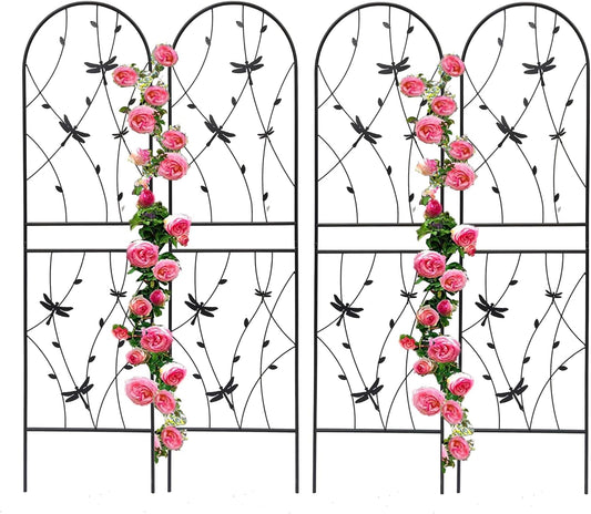 4 Pack Metal Garden Trellis 86.7" Tall Outdoor Climbing Plant Support for Roses, Flowers, Rustproof Durable Black Galvanized Tube, Lawn Garden Fence Decor Screen (4, Black dragonflies-86.7" H)