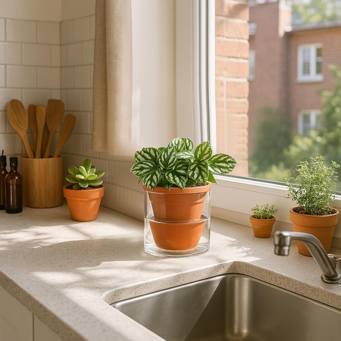 D'vine Dev 4 Inch Design Self Watering Pot for Indoor Plants, Terracotta Planter with Cylinder Glass Cup, Set of 2, 37-Y-A-1