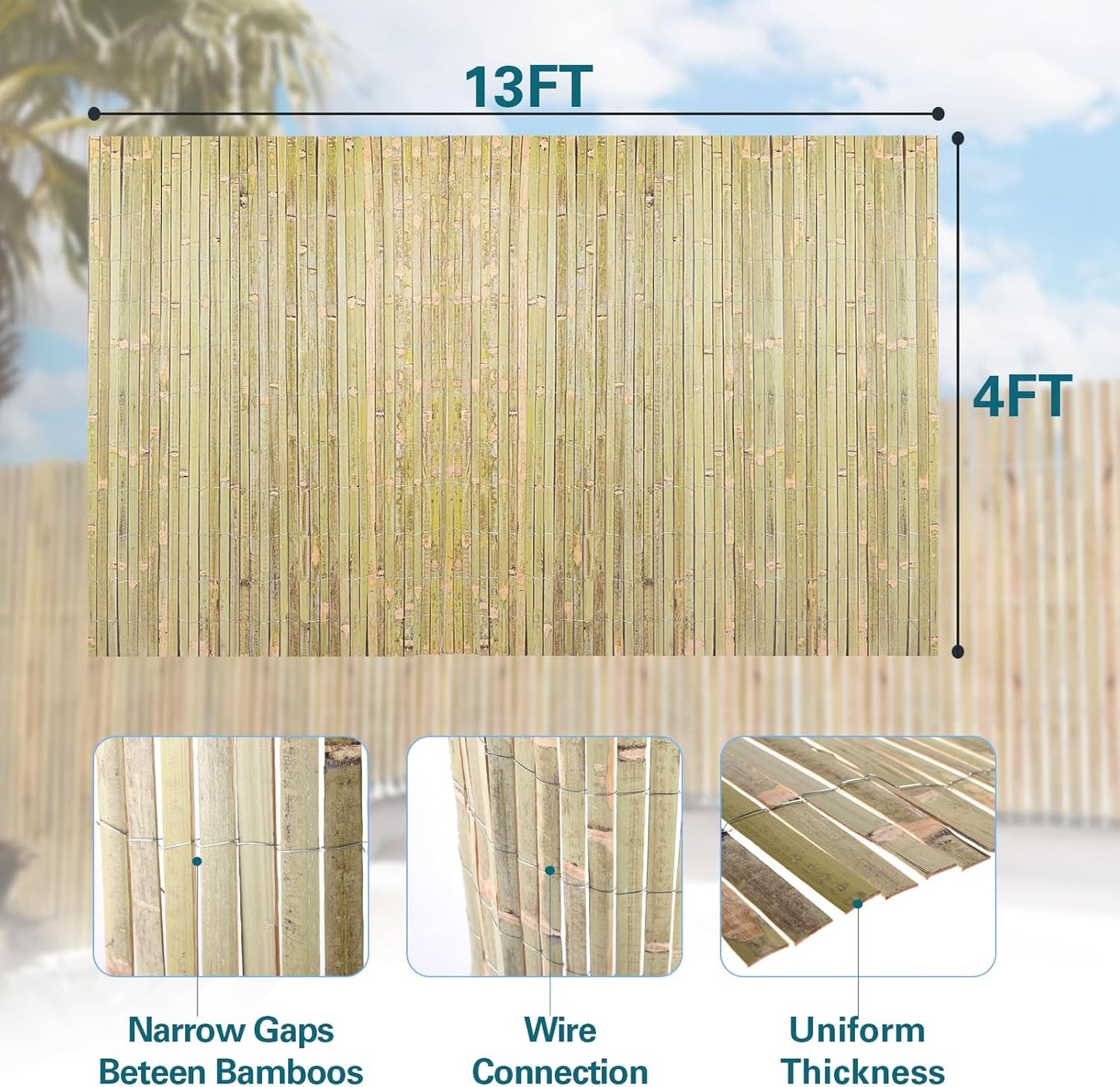 Bamboo Slat Fence 4ft x 13ft, Natural Bamboo Fencing, Bamboo Privacy Screen Outdoor, Balcony Privacy Fence for Garden, Balcony, Pool, Patio