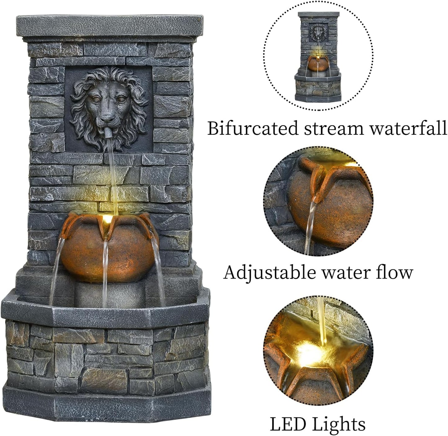 26'' Outdoor Garden Floor-Standing Water Fountain Lion Head Stone with Lights Outdoor Waterfall for Patio, Backyard, Deck, Porch and Home Art Decor