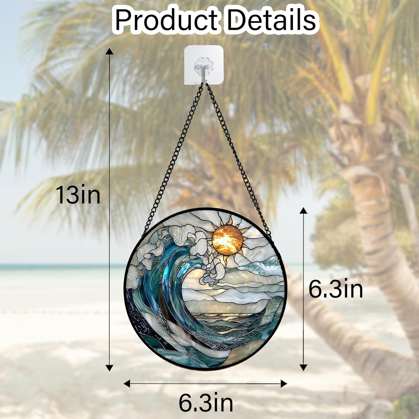 Stained Glass Window Hanging, Blue and White Waves Suncatcher Diamond Glass Panel Landscape Sun Catchers Decor for Birthday for Women, Men, Wife, Aunt, and Mom 6.3 x6.3 in