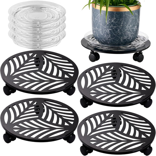 4 Packs Large Metal Plant Caddy with 3 PU Wheels 12" Heavy-duty Wrought Iron Rolling Plant Stands Indoor Outdoor Wheeled Plant Dolly Planter Mover Rollers Plant Trolley Cart, Plant Saucers Included