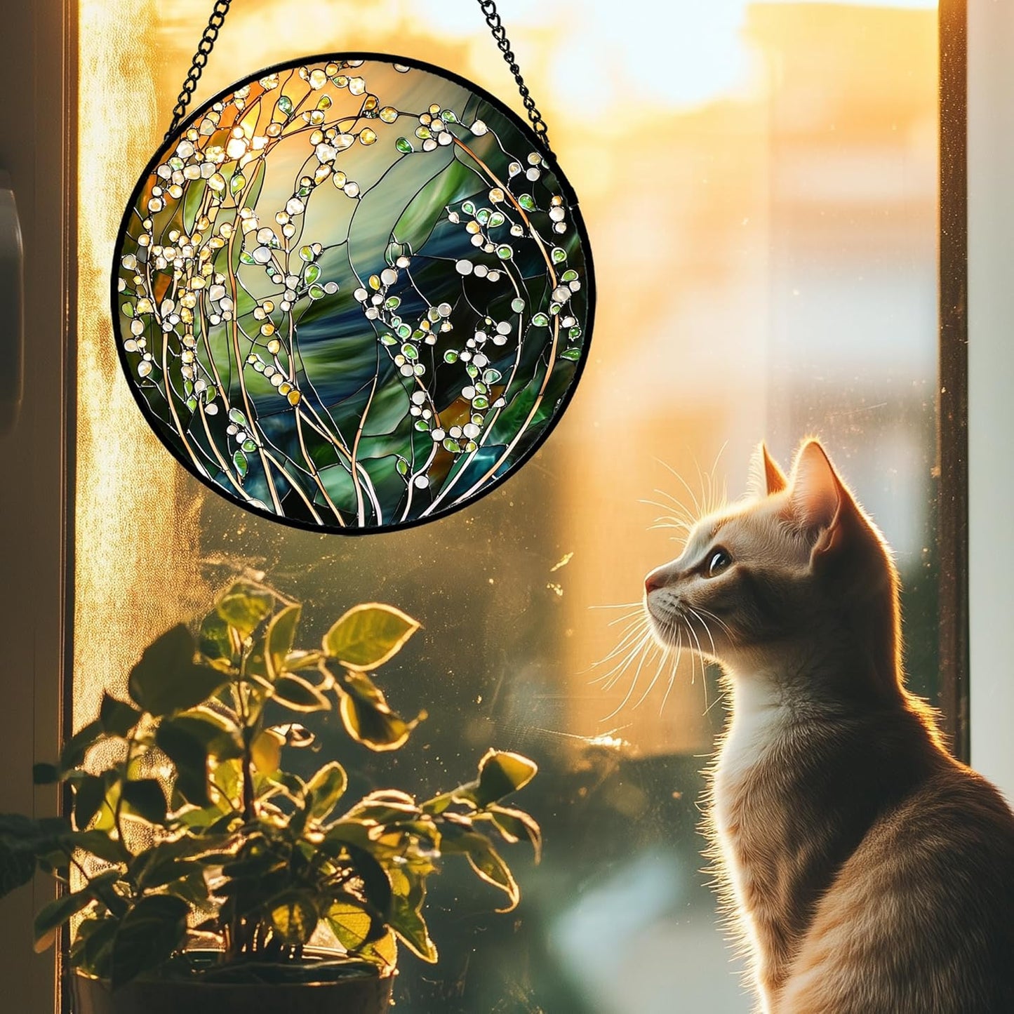 Stained Glass Suncatcher, Yellow Green Gradient Flower Sun Catcher Plants Stain Glass Window Hanging Decoration Mother's Day Birthday Gifts for Women Men Mom and Nana 15 in