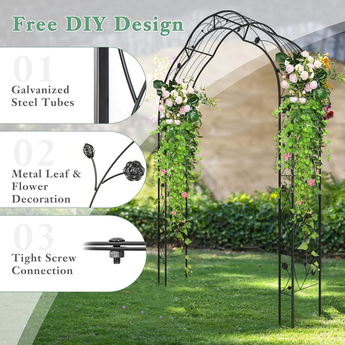 IRONMAX Garden Arch, Heavy Duty Galvanized Steel Arbor w/ 7 Sizes & Metal Flower Leaf Decoration, Outdoor Garden Trellis for Climbing Plants Rose Vines & Wedding Party Ceremony