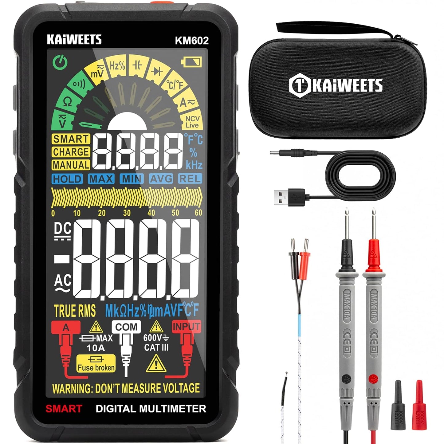 KAIWEETS Smart Multimeter Rechargeable Electrical Tester with Auto Ranging Digital Voltmeter Measures Voltage Current Resistance Continuity Capacitance Temperature Frequency NCV 6000 Counts TRMS