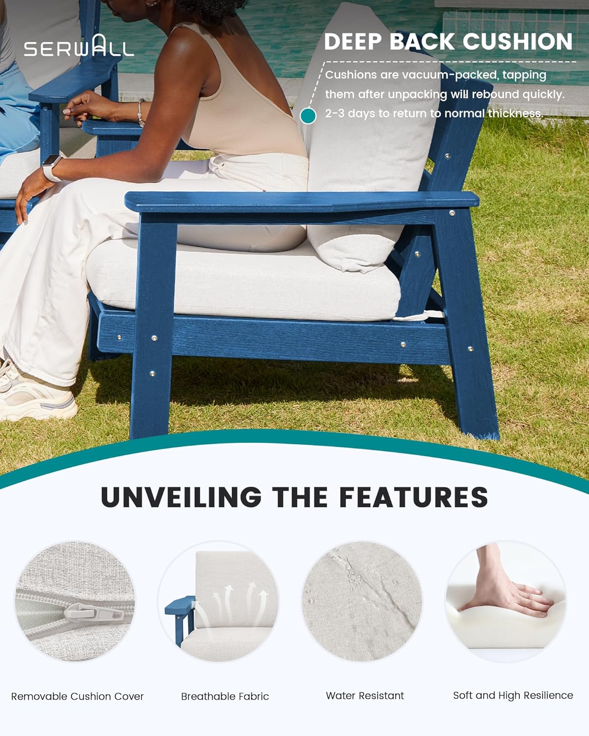 SERWALL HDPE Outdoor Couch, Blue Frame and Khaki Cushion