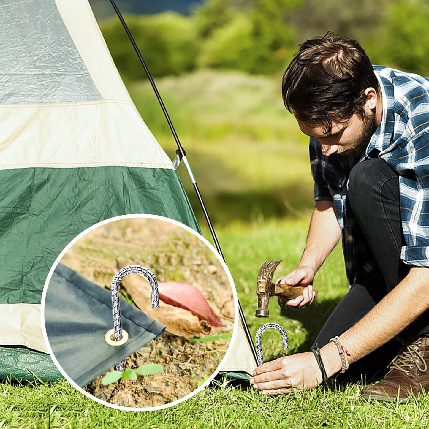 J Hook Rebar Stakes 12 Inch, Ground Stakes for Camping Tent Heavy Duty 10 Pack Rust Proof Coated Metal for Flower Gardens Landscape Fabric Pins Dog Fence