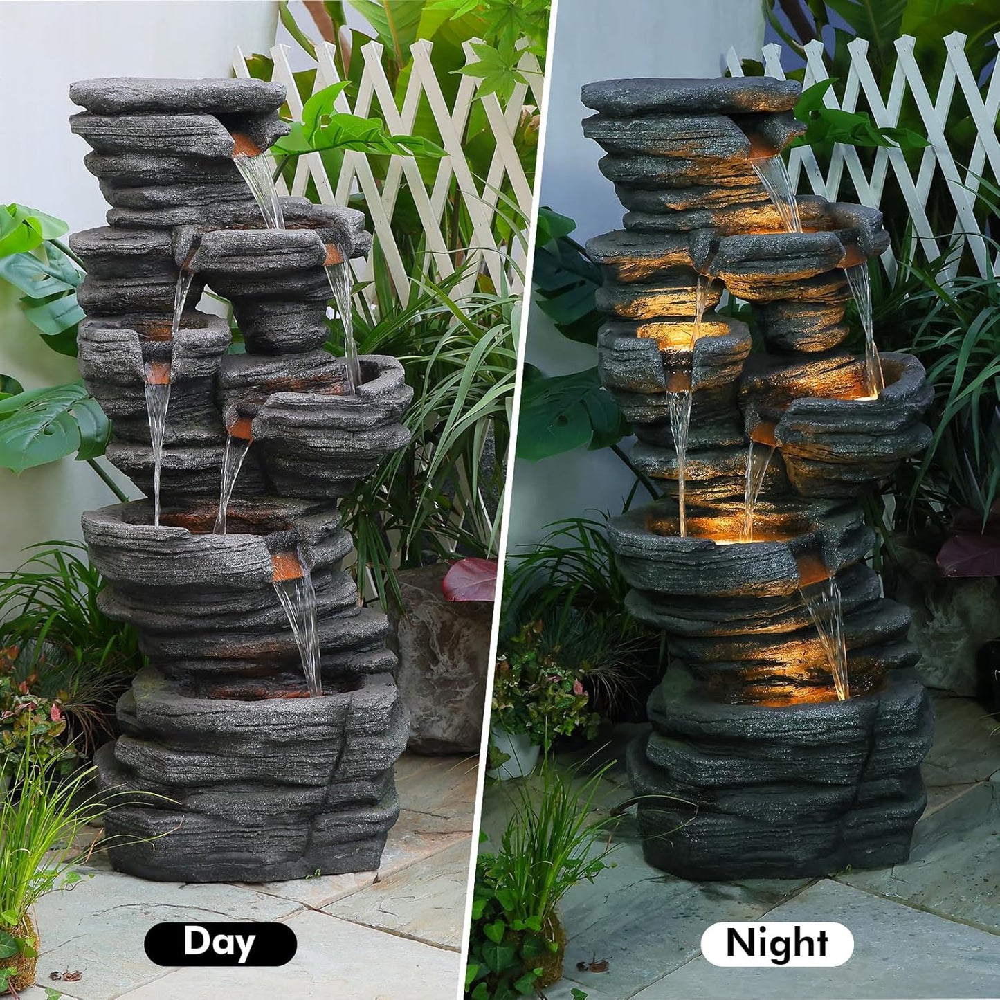 42.5" H Garden Outdoor Water Fountain with LED Lights & Pump, Mutiply-Tier Cascading Outdoor Fountain Suitable for Garden/Patio/Yard/Deck/Balcony and Home Art Decor（Resin）