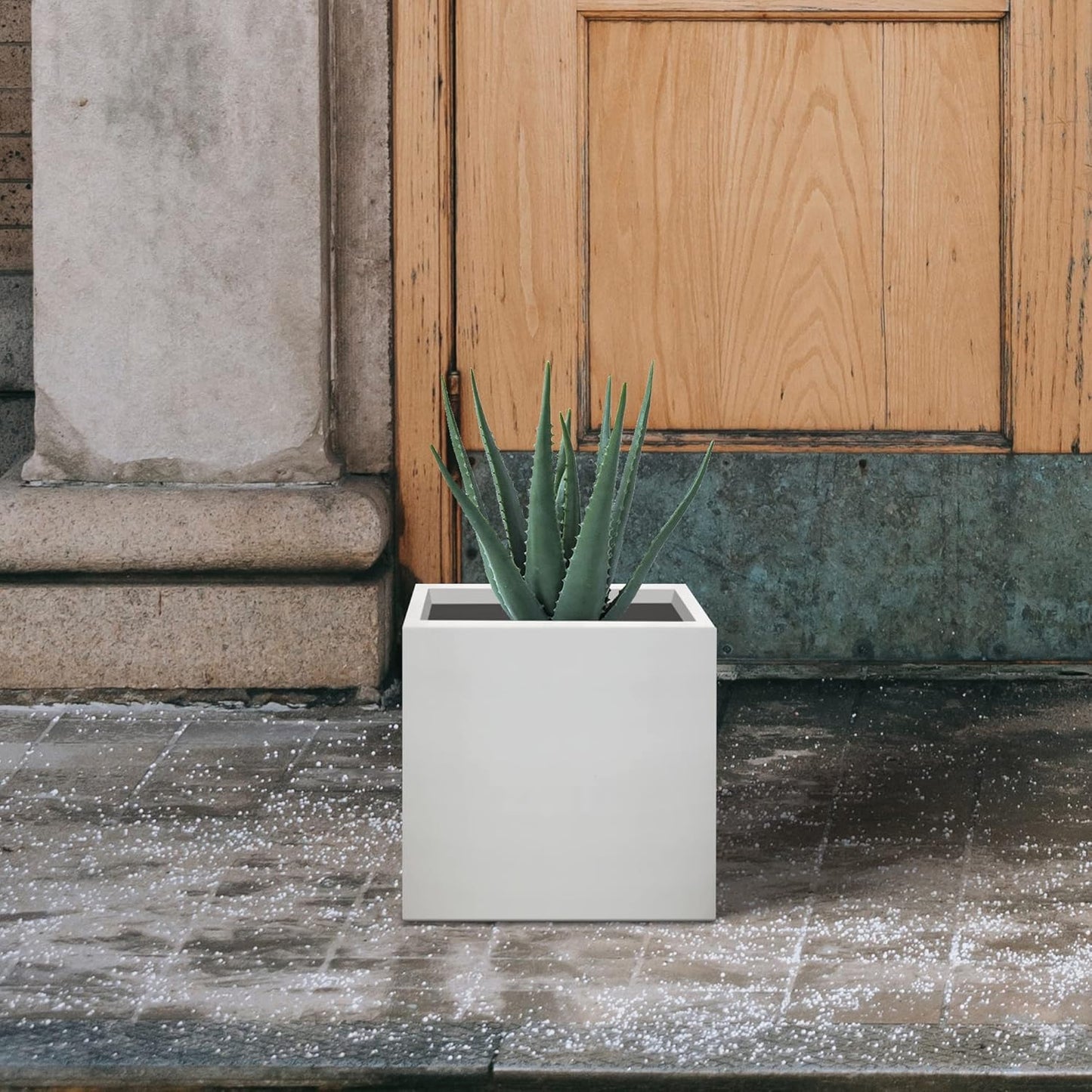 Kante 10 Inch Square Concrete Planter for Outdoor Indoor Home Patio Garden, Large Plant Pot with Drainage Hole and Rubber Plug, Pure White