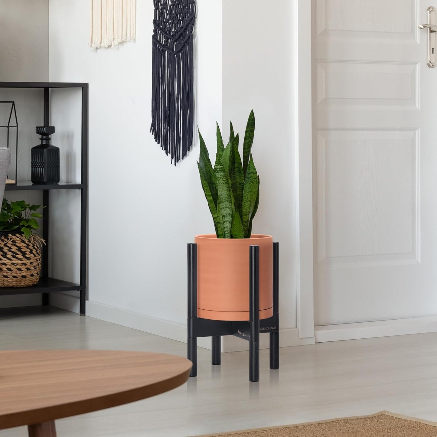 D'vine Dev Terracotta Planter with Ebony Stand - 8 Inch Modern Round Flower Pot with Wood Planter Holder, Terracotta, 55-B-M-5