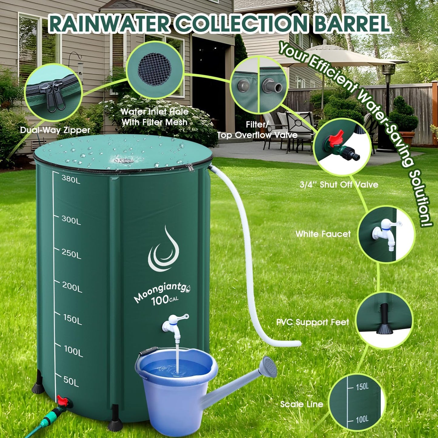 Moongiantgo 100 Gallon Collapsible Rain Barrel with Scale Line - 1000D PVC Portable Water Storage Tank - Rainwater Collection System with Filter Spigot Overflow Kit to Collect Rainwater from Gutter