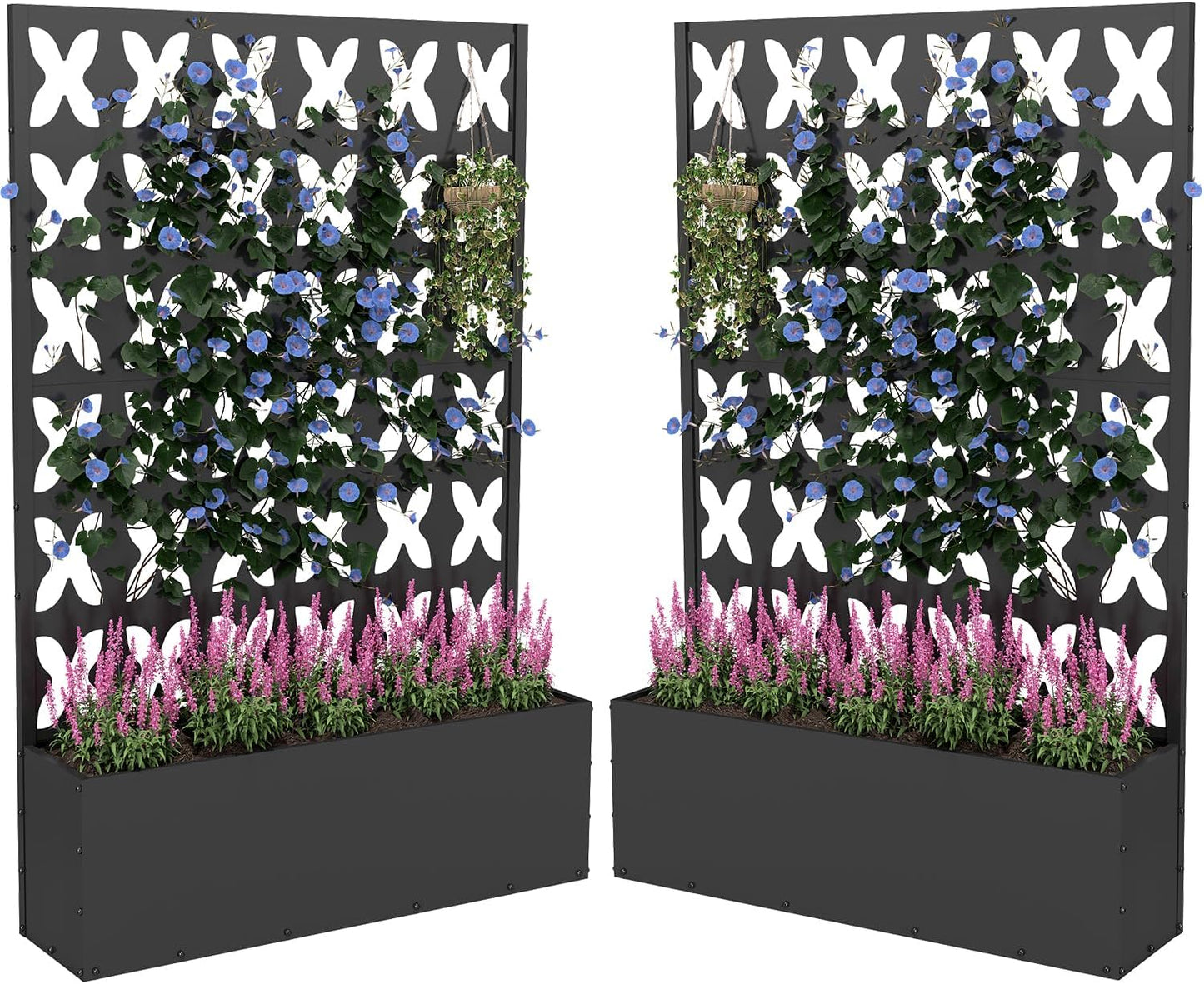 2PCS Metal Planter Box with Trellis,70.9"x47.2"x15.7" Raised Garden Bed with Drainage Holes, Privacy Planters for Outdoor Garden Bed for Climbing Plants,Vegetables,and Vines, Black-X