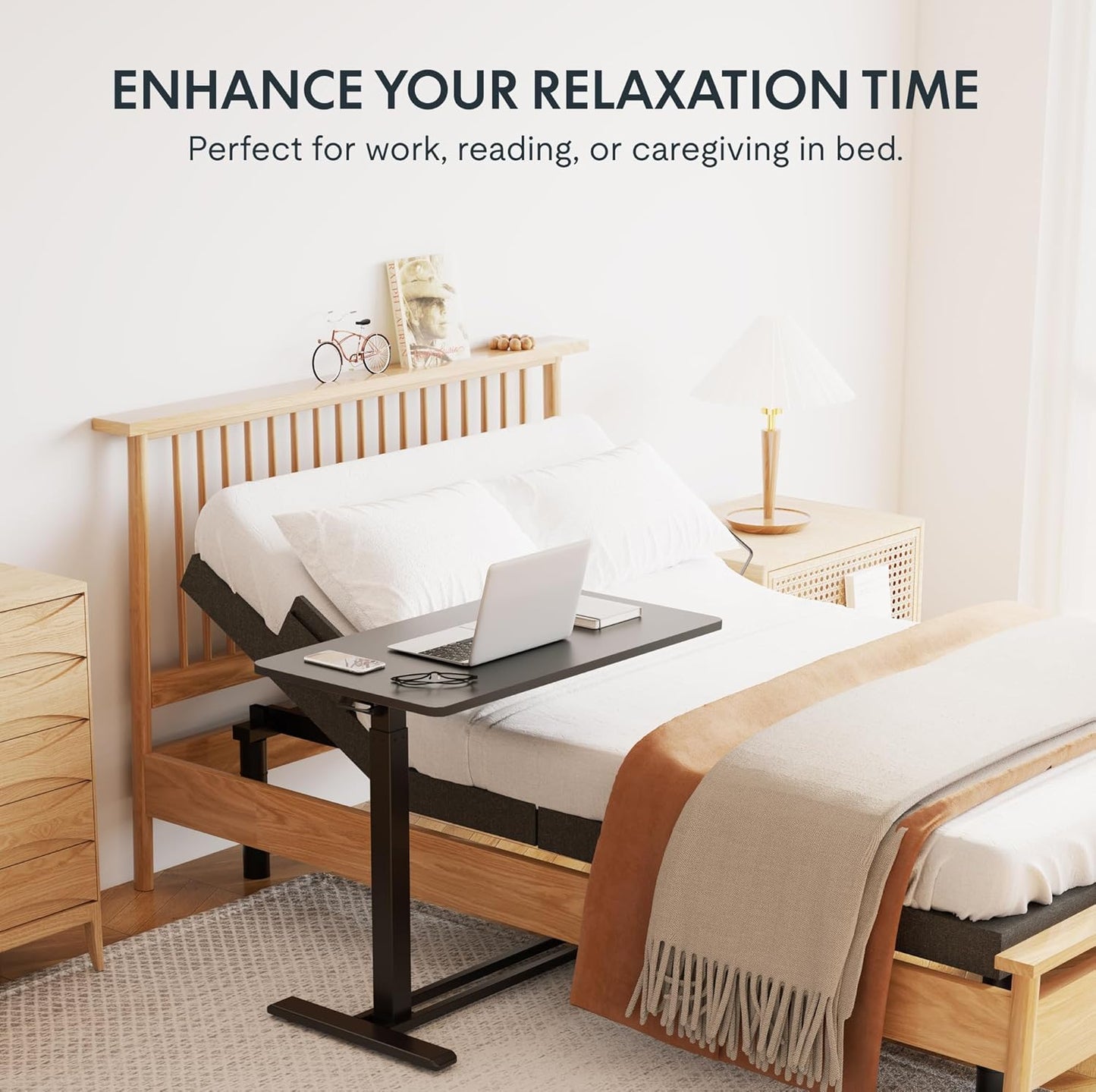 FLEXISPOT Height Adjustable C Table with Wheels, Mobile Snack Side End Table Sofa Couch Bedside Table Laptop Rolling Cart TV Tray Night Stand Small Space Side Table,(27.6" W x 15.7" D,Black)