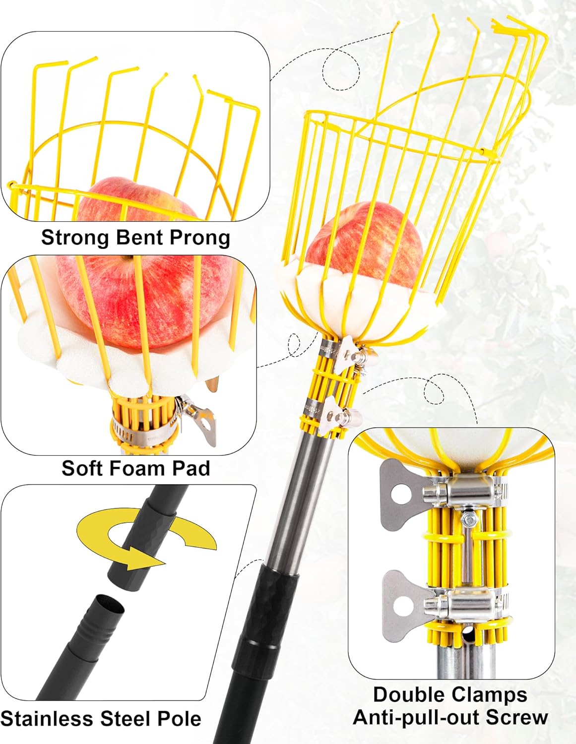 13.5FT Fruit Picker, Apple Picker Tool with Adjustable Pole and Basket, Long Reach Mango Grabber Tool, Tree Fruit Catcher for Picking Lemon Pear Orange Avocado Peach Citrus