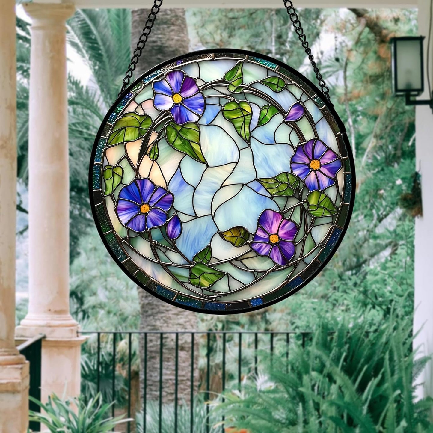 Stained Glass Window Hanging, Purple Morning Glory Flowers Suncatcher for Doors Window Home Plant Sun Catchers Decoration Mother's Day Birthday Gifts for Women, Men, and Mom 9.8x9.8 in