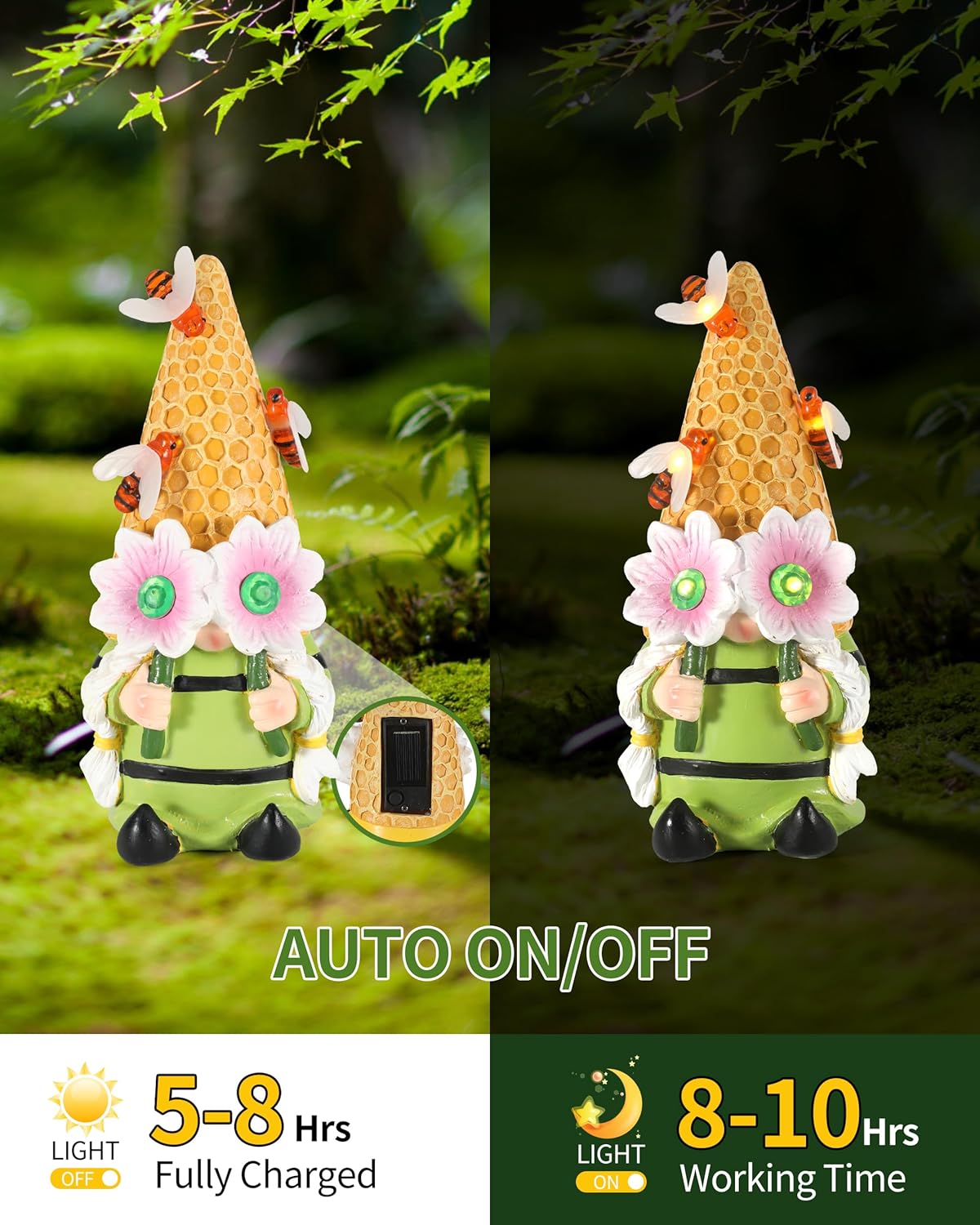 iStatue Solar Garden Gnome Figurine Light with Bees Sunflower, 9.5'' Resin Outdoor Statue for Yard Patio Decor Lawn Ornaments Porch Garden Gifts for Women/Girl (Ms Bee Gnome)