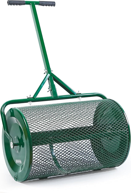Compost Spreader- 24 inch Peat Moss Roller With improved T shape handle-Lawn & Garden Spreader For Top Dressing Compost, Fertilizer, Mulch And Soil- Strong and Lightweight material for basket