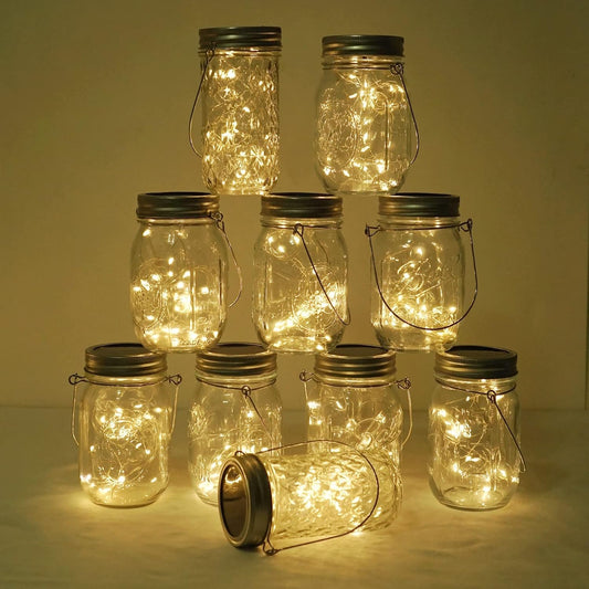 Decorman Solar Mason Jar Lights, 10 Pack 30 LED Fairy Star Firefly String Lids Lights with 10 Hangers for Patio Yard Garden Party Wedding Christmas Decoration(Jars Not Included) (10 Pack, Warm White)
