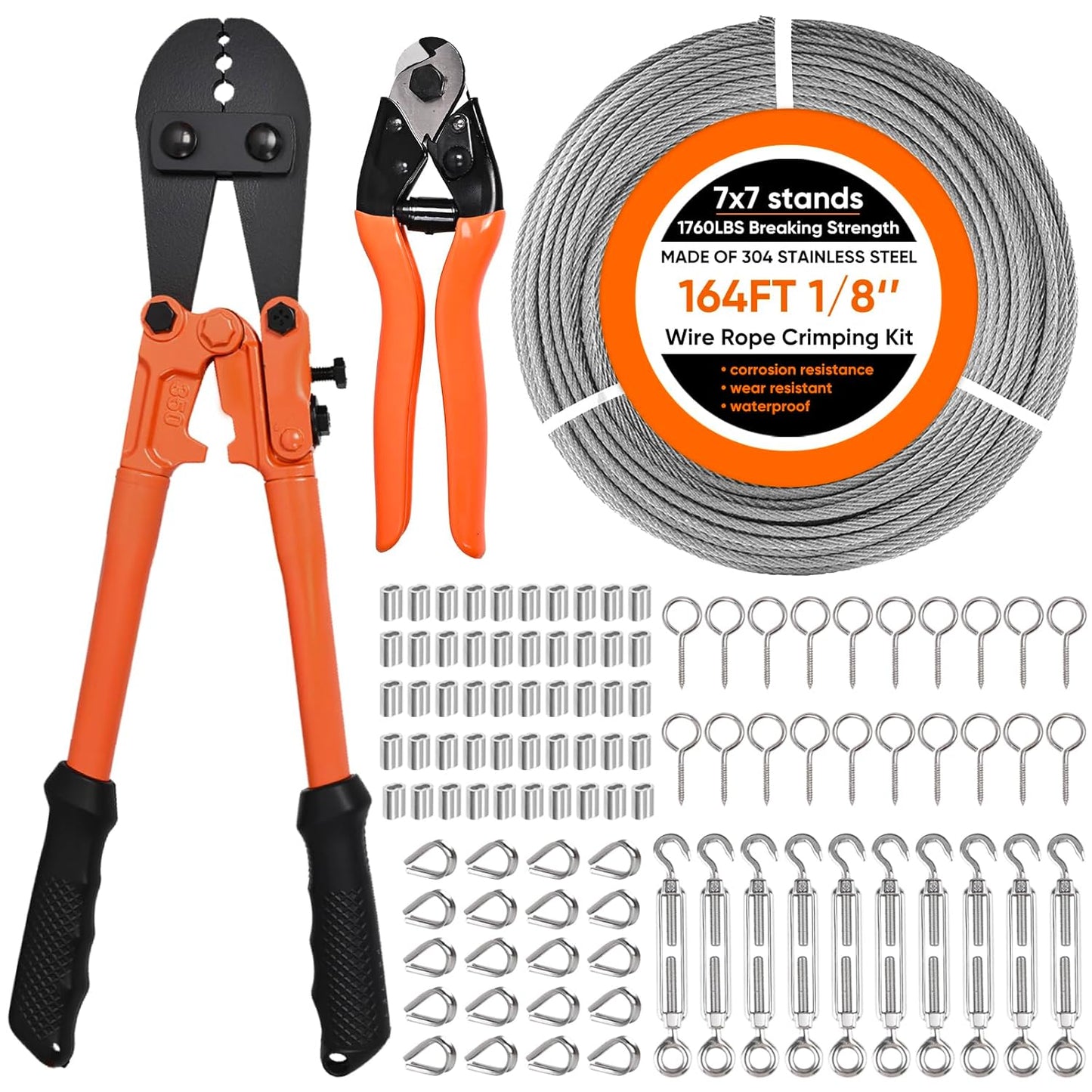 164FT 1/8" Stainless Steel Cable Kit with Wire Rope Crimping Tool and Cable Cutter, Turnbuckle Wire Tensioner Kit, 7x7 Strands Aircraft Cable for Deck Railing, Porch Fence, String Light