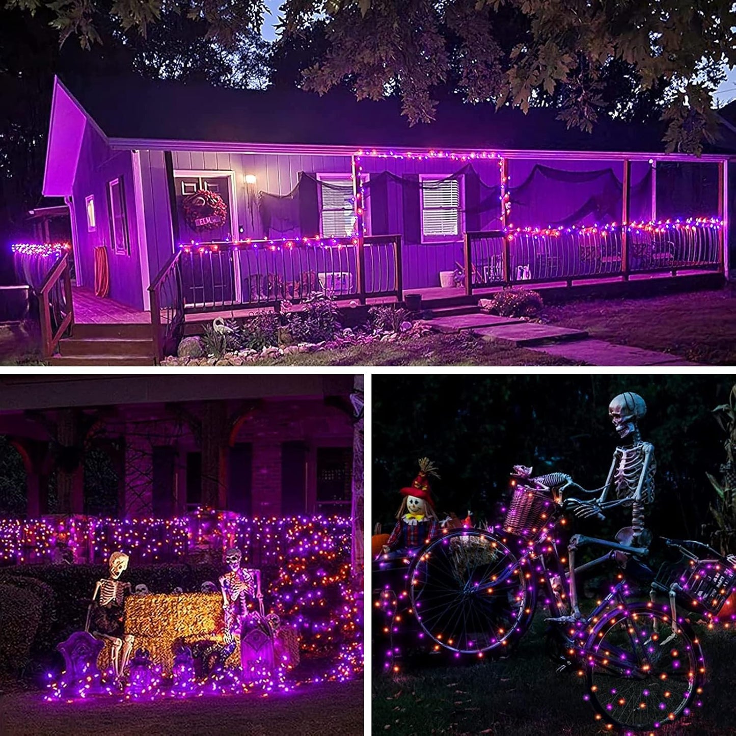 Purple and Orange Halloween Solar String Lights Outdoor, 2 Pack 80FT 200LED Solar Twinkle Lights Outside Waterproof, Copper Wire 8 Modes Lights for Halloween Decoration Outdoor