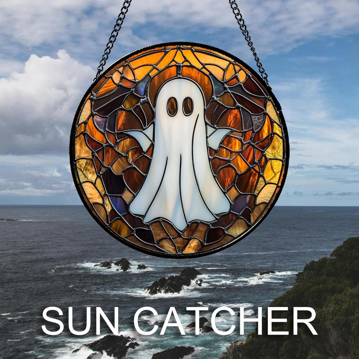 Stained Glass Window Hanging Halloween White Horror Ghost Large 15" - Suncatcher Door Garden Kitchen Sun Catcher Home Gothic Decor Birthday for Mom Men Woman Friend Grandma