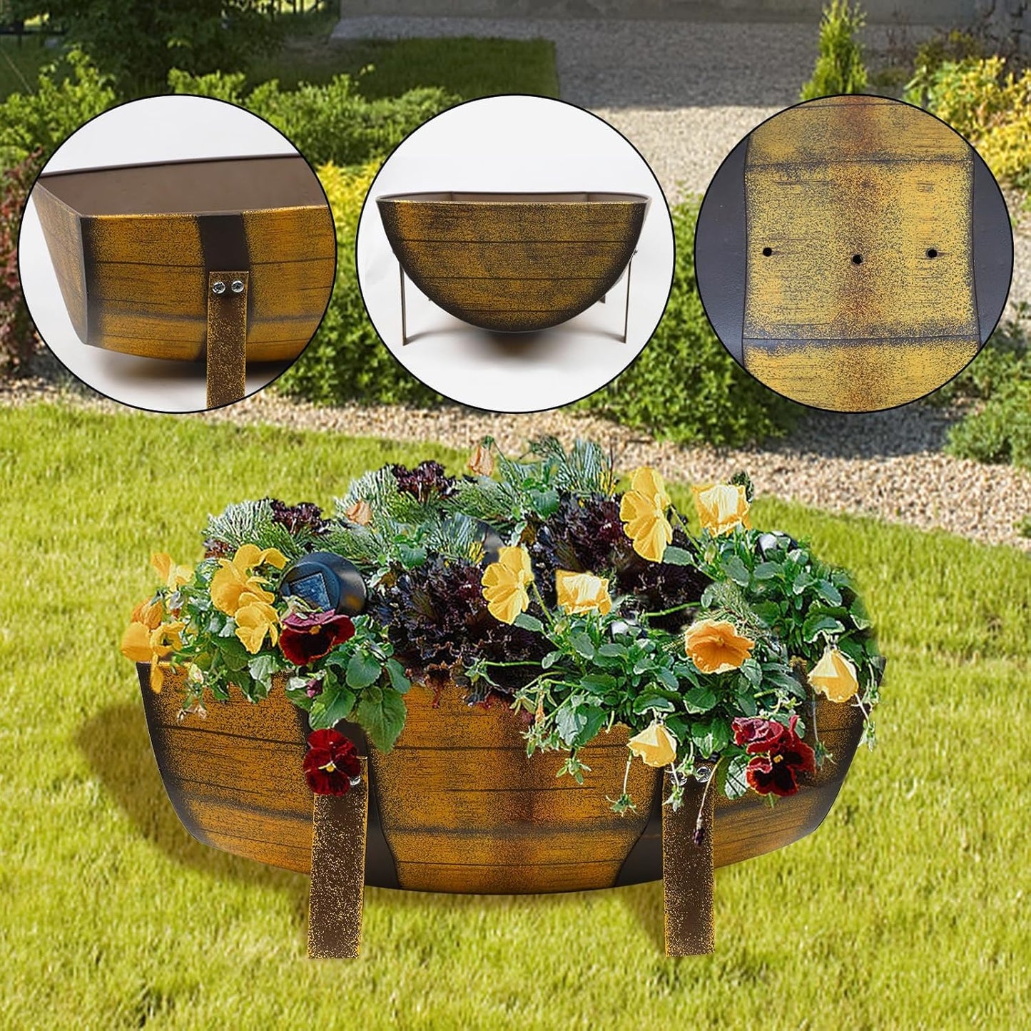 15.43In 2 Pack Rustic Barrel Planters, Decorative Outdoor Garden Backyard Planter with Legs, Metal Flower Pot Half Barrel Planter Box, Brown