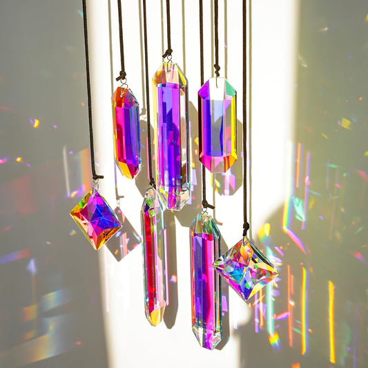 HDCRYSTALGIFTS Set 7 Crystal Sun Catcher Prisms, AB Colored Suncatcher Crystals Indoor Window Hanging Christmas Ornaments Rainbow Maker Prisms for Home Garden Decor