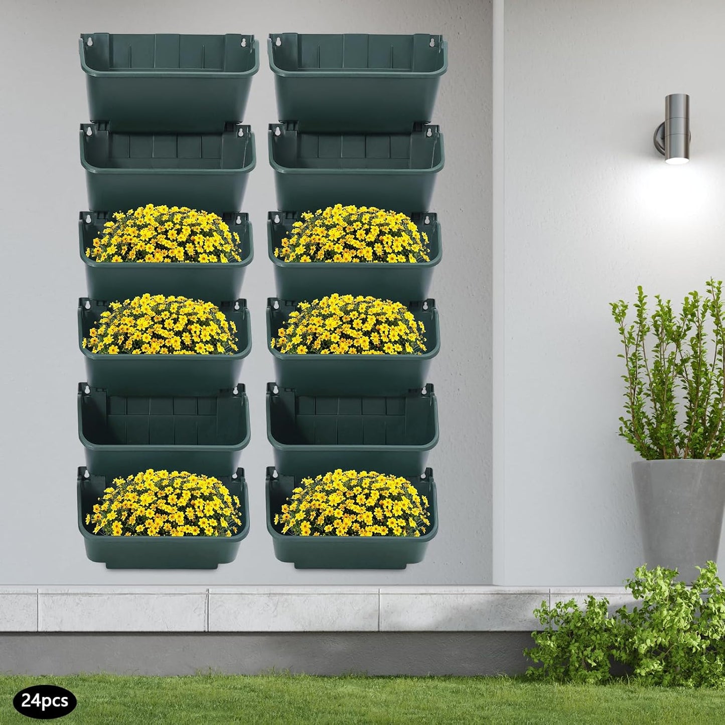 Eapmic Vertical Wall Planter with 24 Pots, Hanging Garden Plant Flowerpot Holder, Stackable Wall-Mounted Planter, Balcony Planters for Flowers Vegetables Fruits (Army Green, 24 Pots)