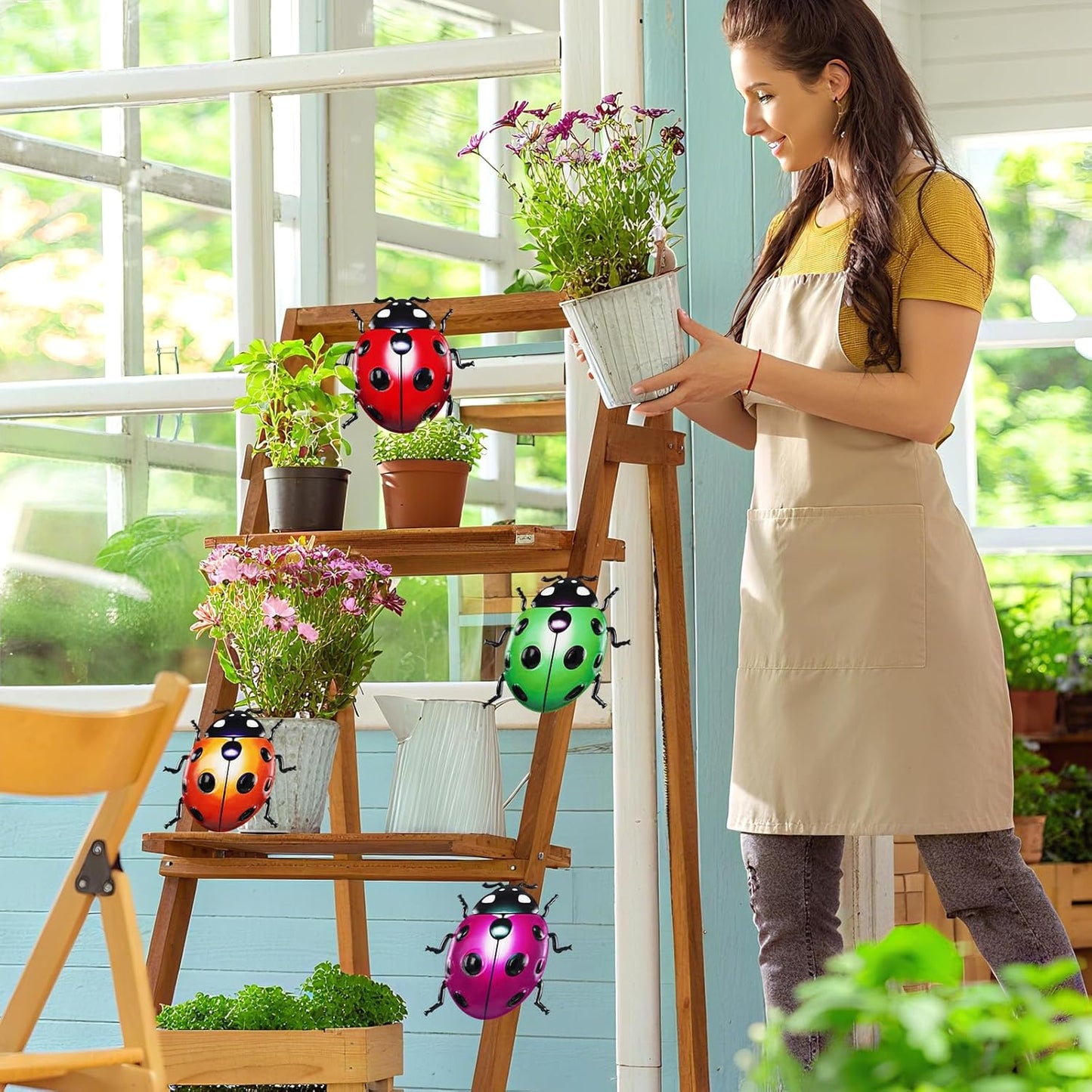 ULENDIS 4 PCS Cute Metal Ladybugs Wall Art Decor, 6.3 Inch Large Outdoor Wall Art Patio Fence Decorations, Colorful Yard Art Lawn Ornaments for Backyard Balcony