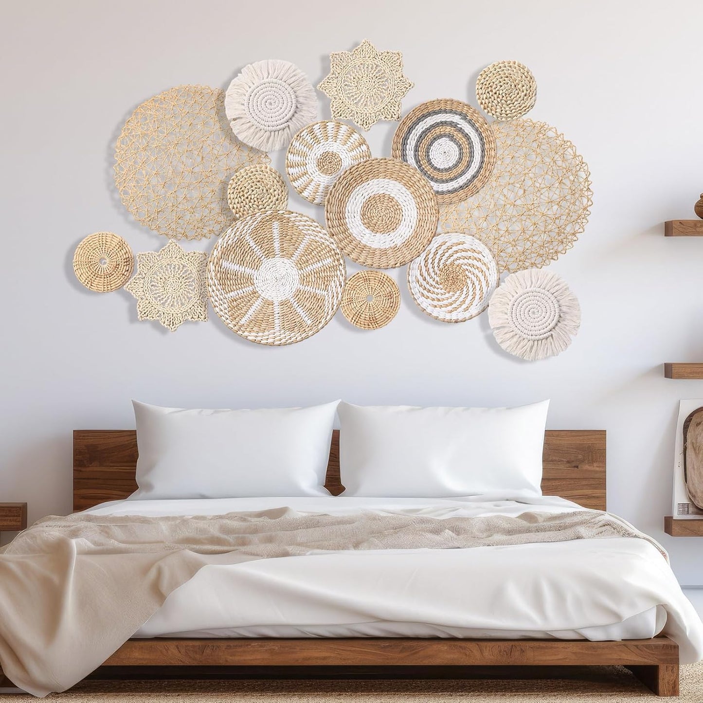 15 Pcs Boho Wall Basket Decor Woven Rattan Seagrass Wall Decor Hanging Rustic Farmhouse Western Art Decoration for Nursery Living Room Bedroom Home Kitchen(Grey White Style)