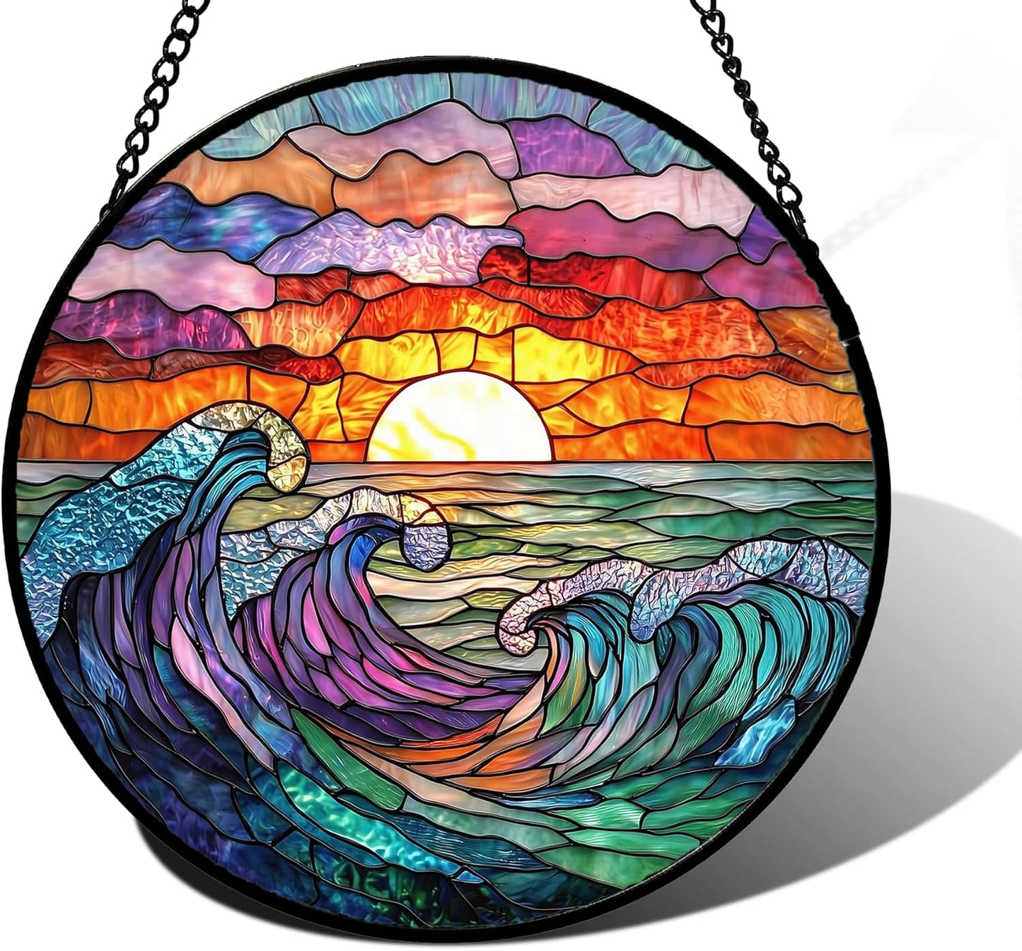 Stained Glass Window Hanging, Clouds and Sea Waves Suncatcher Diamond Glass Panel Hangings Scenery Sun Catchers Decor for Birthday for Women, Men, Wife, Aunt, and Mom 11.8 in