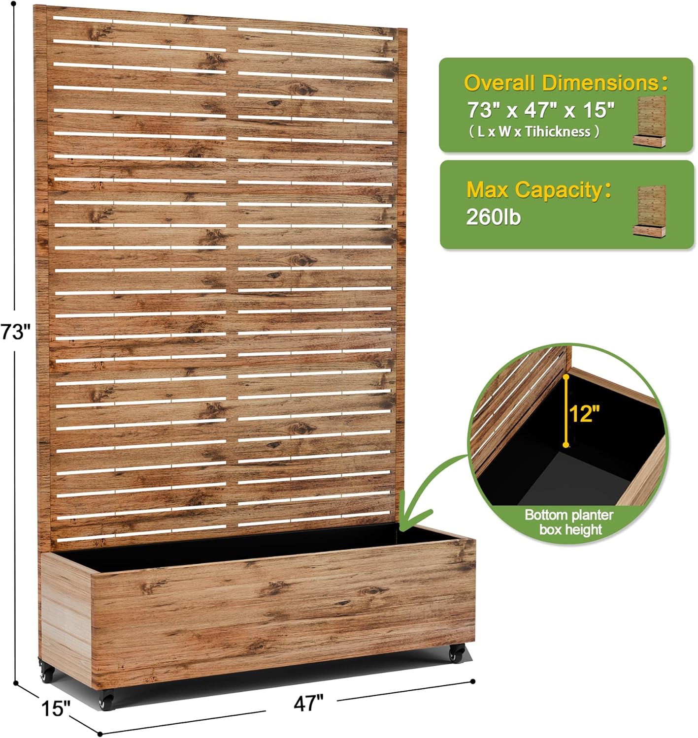 FENCY Metal Raised Garden Bed with Wheels and Trellis,73"x47"x16" Planter Box for Climbing Plants, Vegetables & Vines, Features Privacy Screen and Drainage Holes (Wood Color)