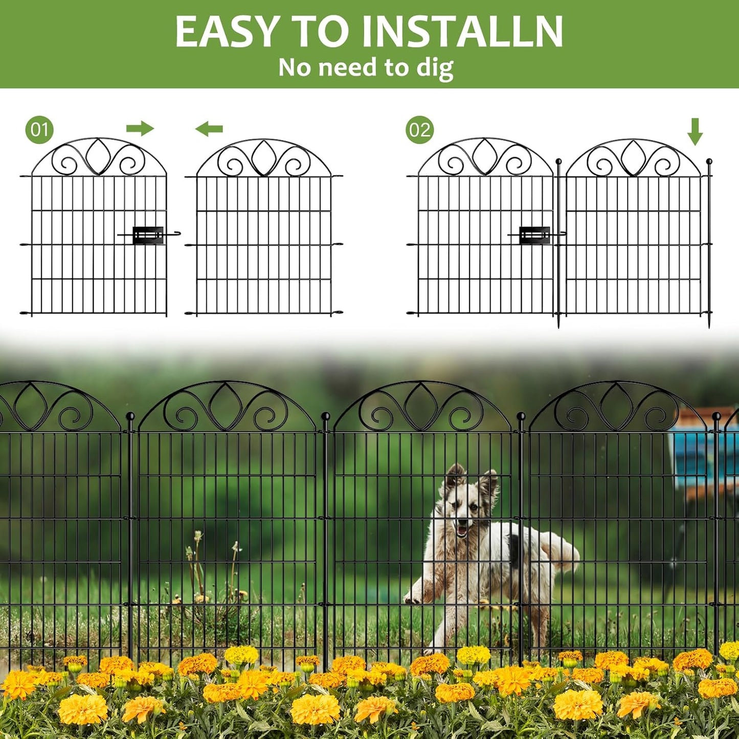 8 Panels No Dig Tall Garden Fence Panel – 48" H X 21' L Rustproof Metal Dog Fence Outdoor for Yard, Decorative Animal Barrier Fence for Pet, Garden Border, Patio, Flower Beds| Temporary Fencing