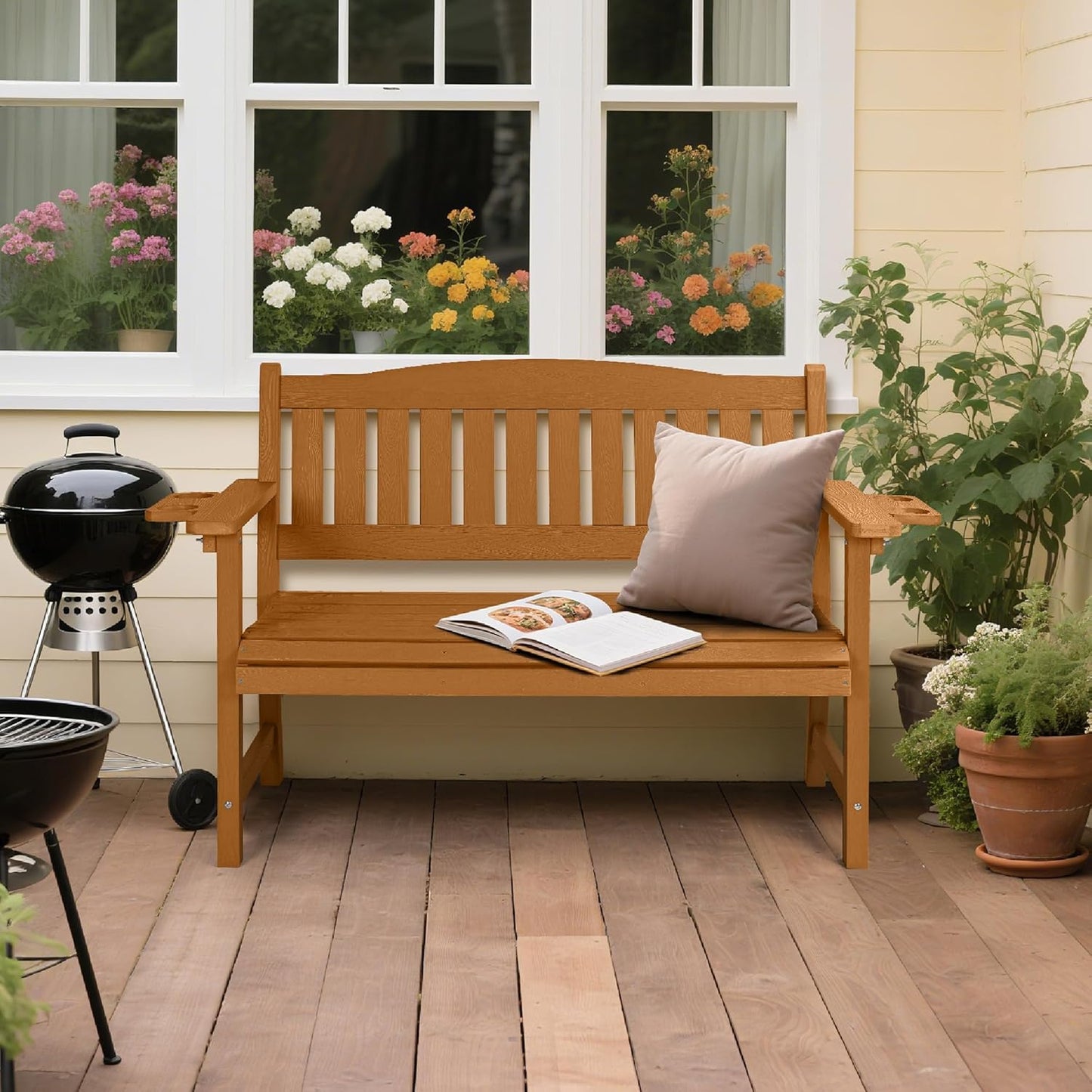 2-Person HIPS Outdoor Benches, Weatherproof Garden Bench with 800 lbs Weight Capacity, Artificial Wood Grains, Never Rot or Fade, Patio Benches for Garden, Porch, Balcony, Backyard,Park, Brown