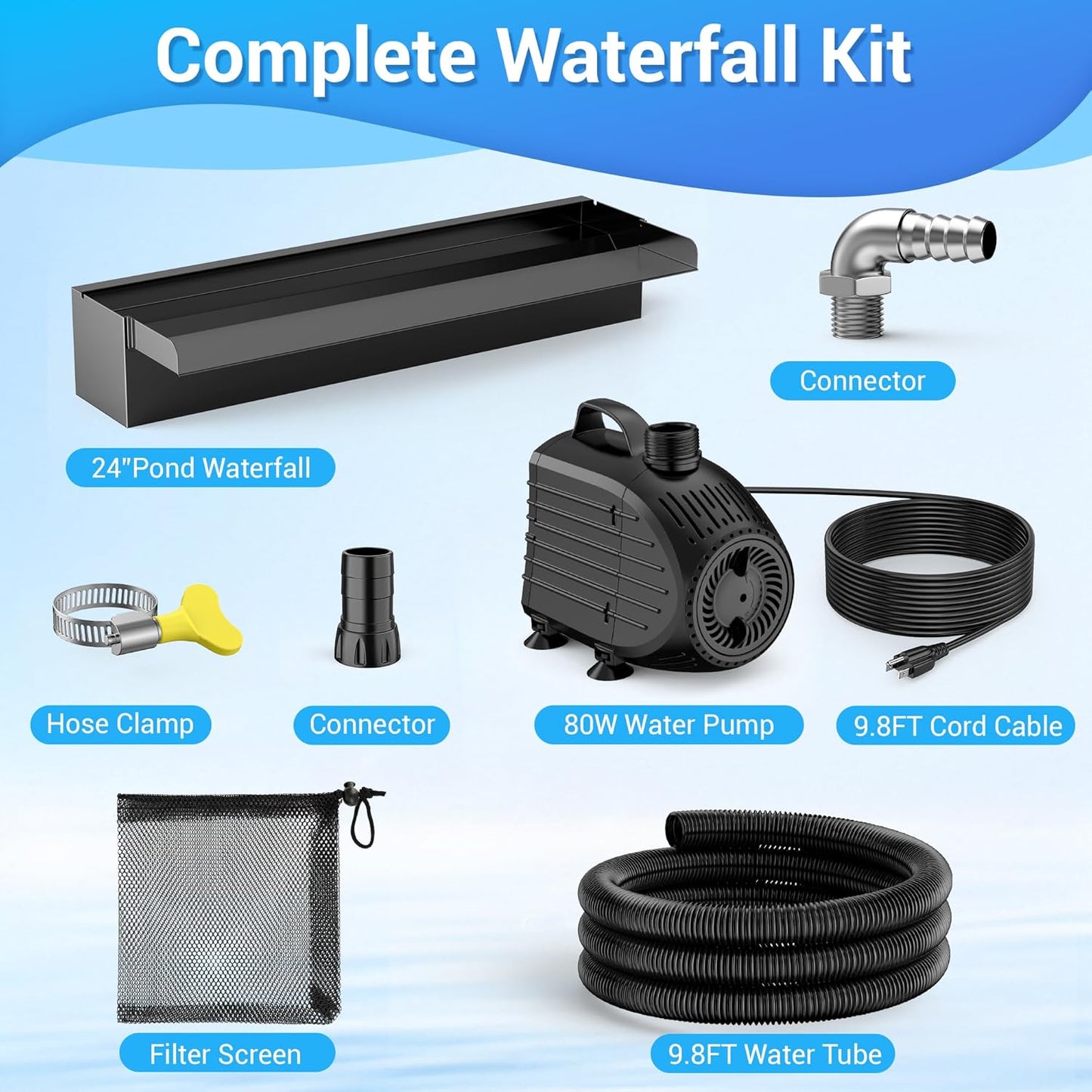 NFESOLAR Pond Waterfall Spillway Kit, Includes 23.6" W Stainless Pond Waterfall Box, 1200 GPH Water Pump, 10FT Corrugated Tubing for Outdoor Ponds Pool Streams up to 3000 Gallons N4611