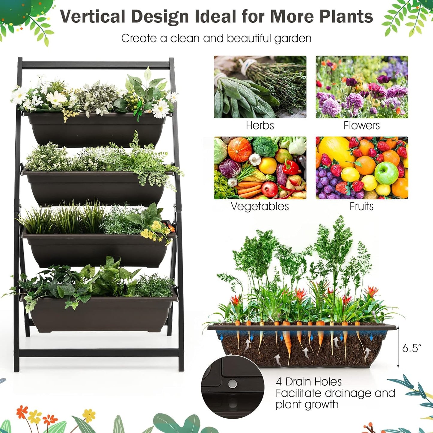 Giantex 4.1FT Vertical Raised Garden Bed, 4-Tier Elevated Planter Box w/4 Containers & Drainage Holes, Indoor Outdoor Freestanding Planter for Vegetables, Herbs, Flowers, Heavy-Duty Metal Frame