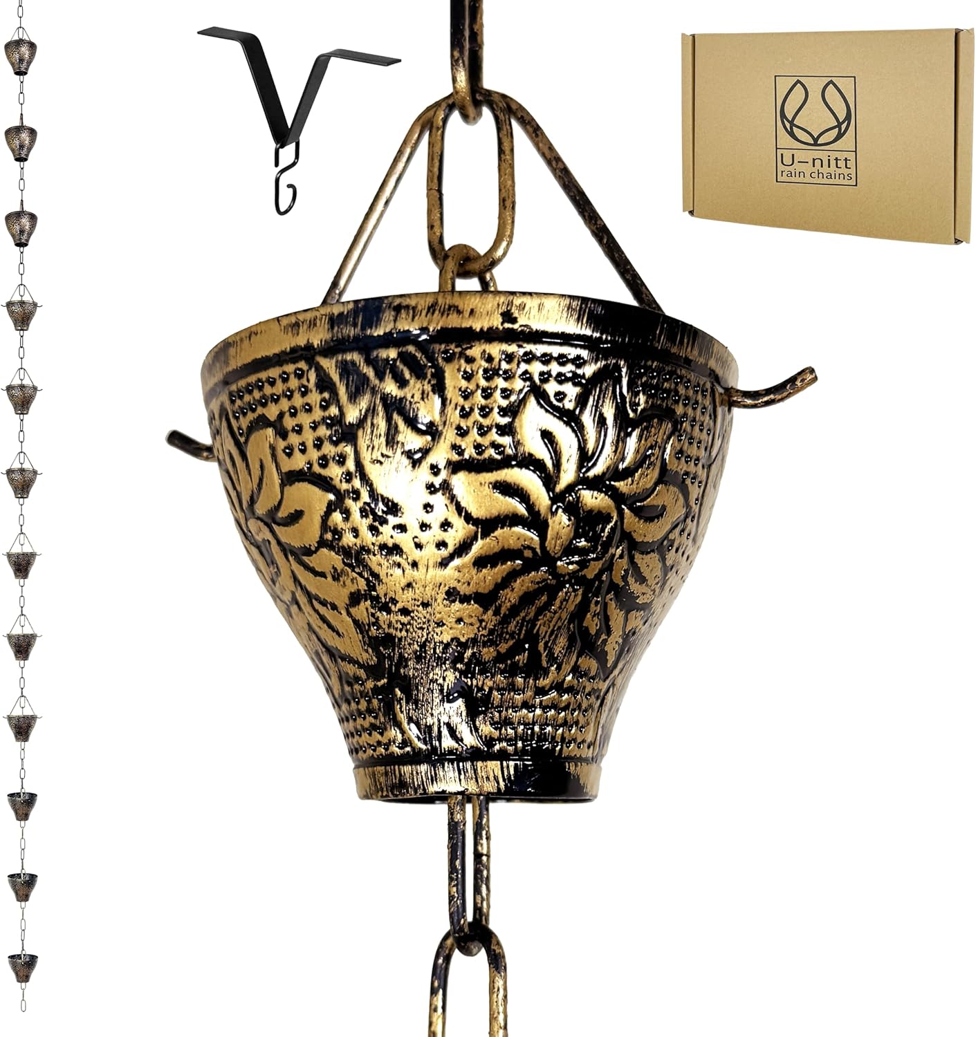 U-nitt Rain Chain Water Collection for Gutters, Rainwater Catcher & Diverter, 8.5 FT Chains for Outside Garden, Sunflower Cups, Roof Downspout, Works with Heavy Rain, w/Gutter Clip for Rainchains