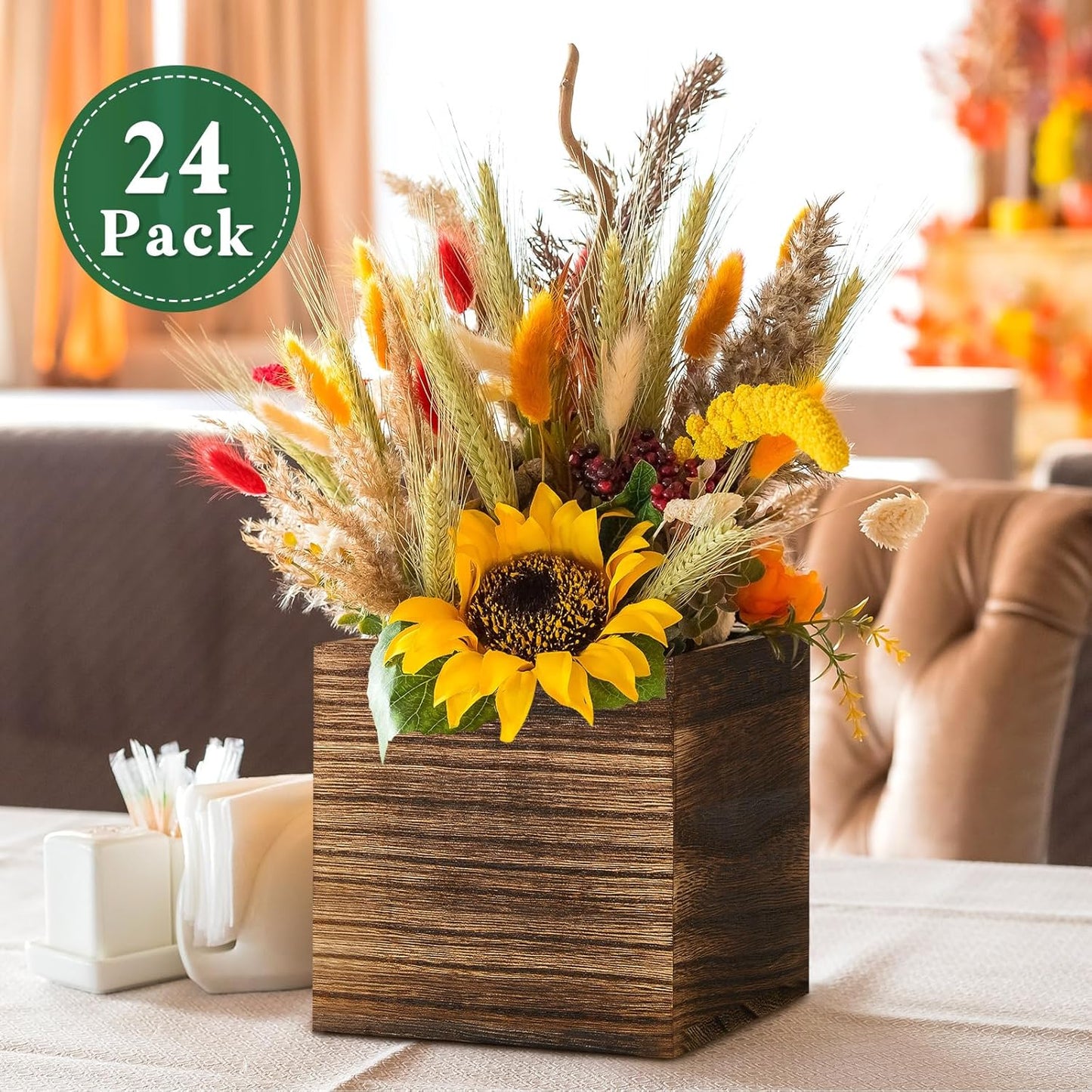 Dandat 24 Set Wood Cube Planter Box Square Wood Vase Rustic Cube Planter Box with Removable Plastic Liner Floral Foam Blocks for Centerpieces Home Wedding Garden Decor, Country Style (Brown)