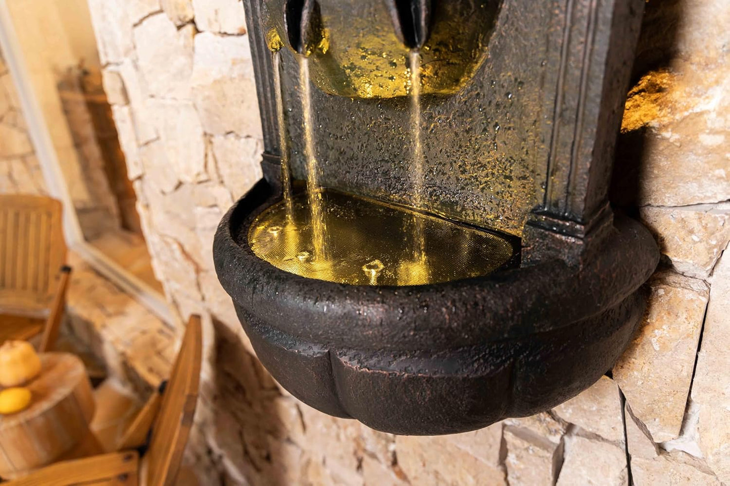 Lion Head Wall Fountain – Outdoor/Indoor Wall-Mounted Waterfall Fountain with LED Lights, Decorative Stone Resin Lion Statue for Garden, Patio, Yard, Modern Wall Decor(Bronze Color)