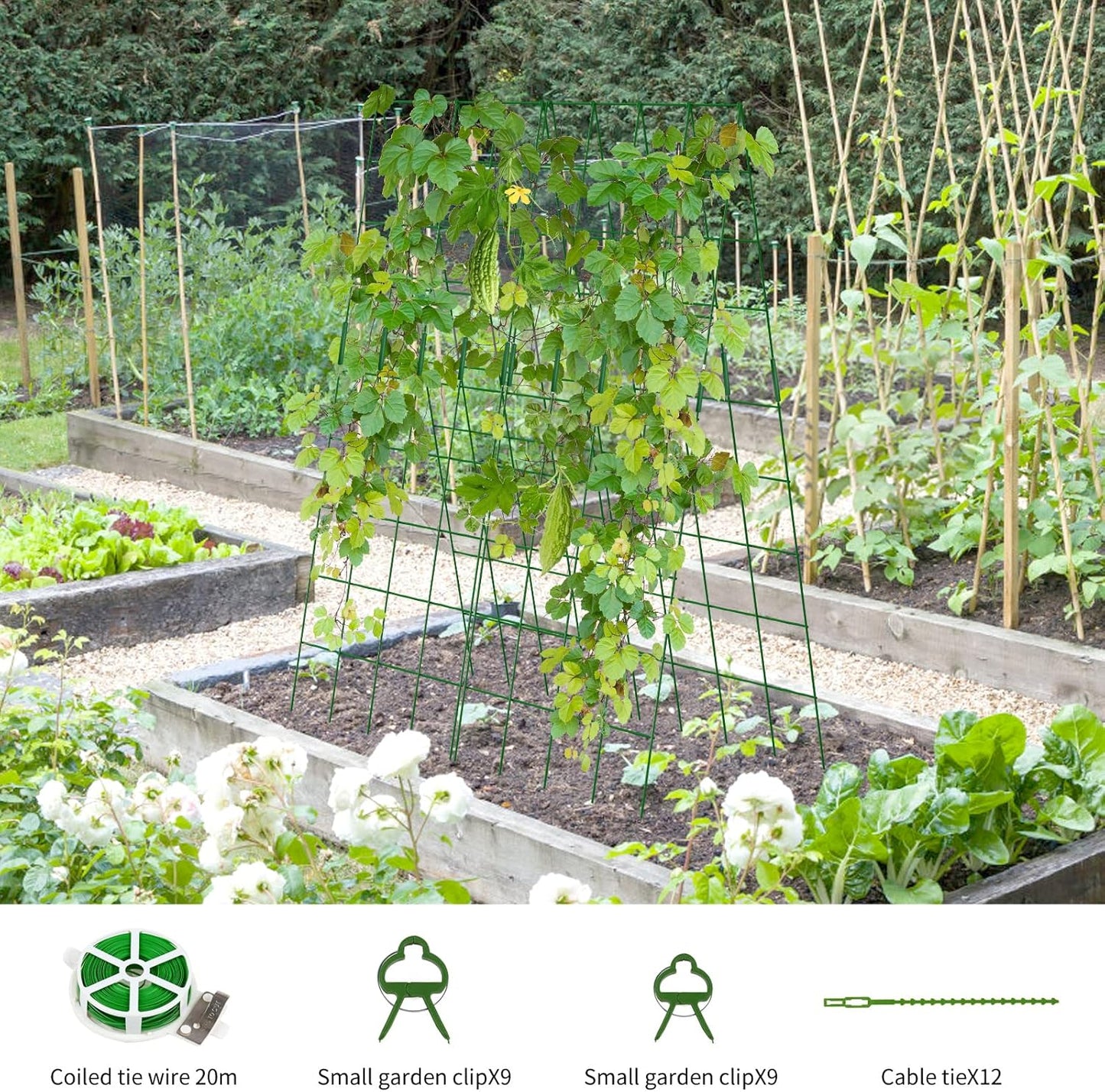 Cucumber Trellis 2 Pack, 59" H Foldable A-Frame Garden Trellis for Raised Bed Garden Grow Support with Plant Support Clips, Twist Ties for Cucumber,Tomato, Climbing Plants and Flowers