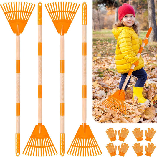 4 Pcs 35'' Kids Rakes for Leaves - Plastic Rake Head with 4 Pairs Kids Gloves, Small Kids Lawn Rakes Detachable Wooden Handle, Autumn Garden Tool Set for Kids Boys and Girls, Orange, 3yr+