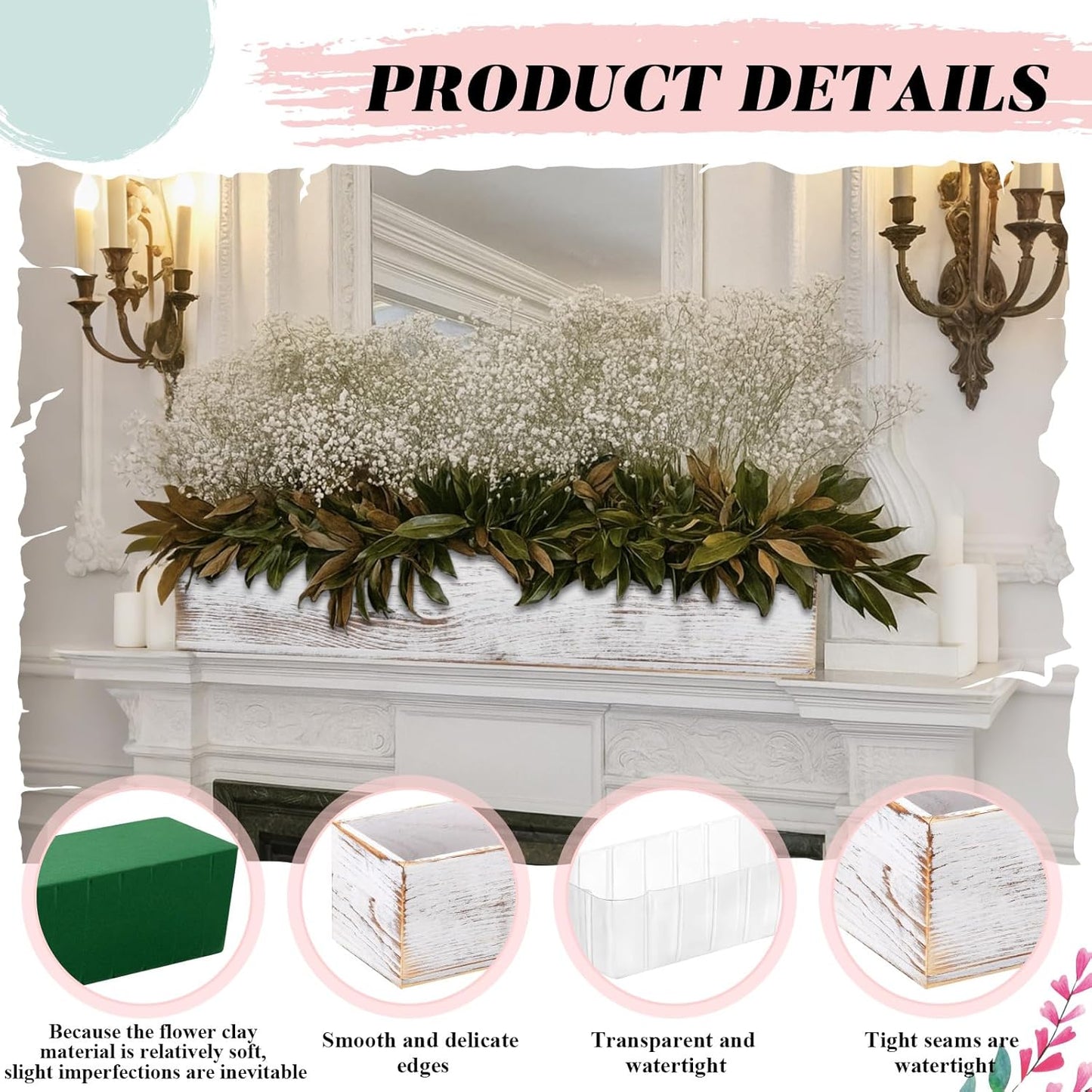 Dandat 1 Set Wood Boxes for Centerpieces 16x4 Inch Rectangle Wooden Planter Box Rustic Wooden Planters with Removable Plastic Liner Floral Foam Blocks for Home Wedding Garden Decor