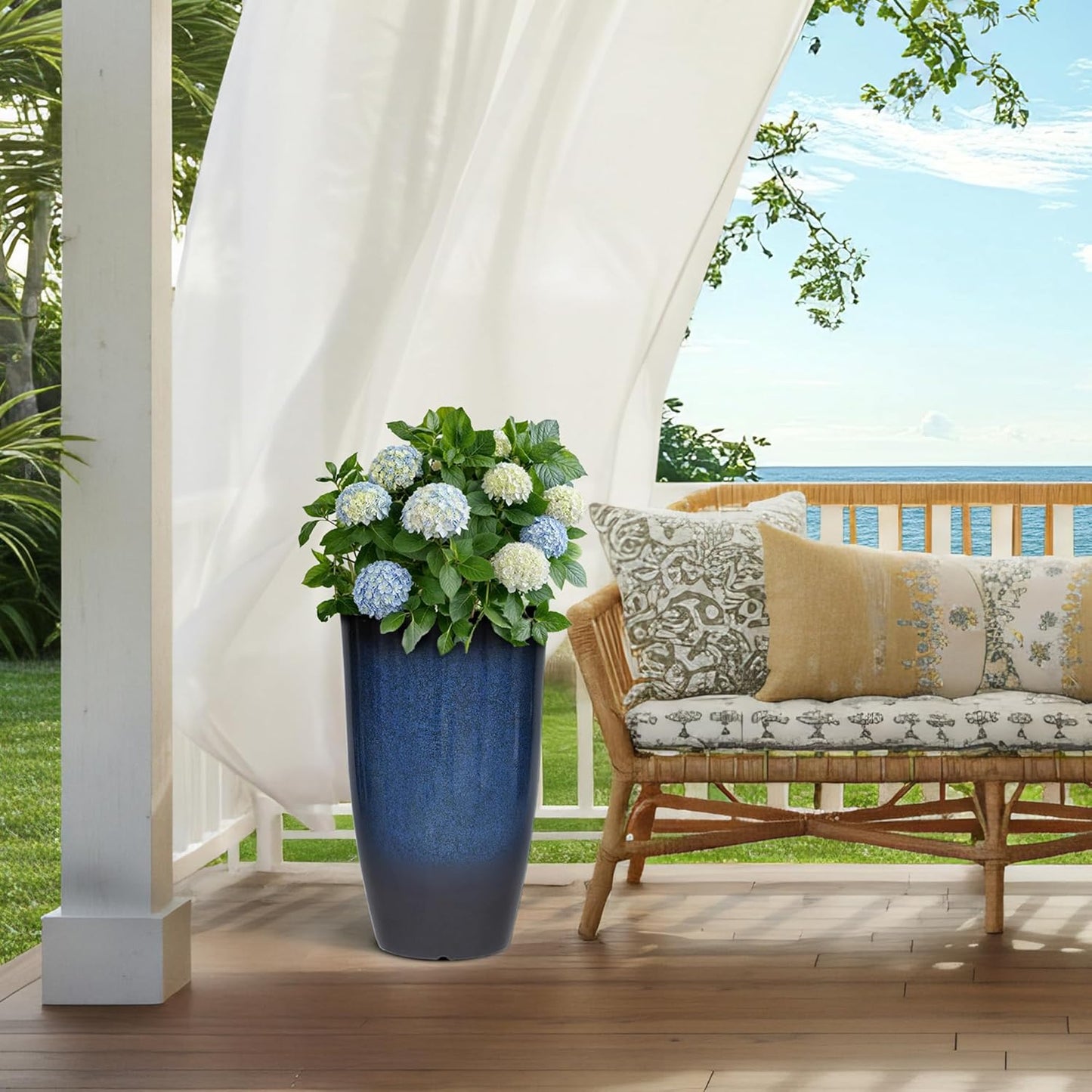 23.75" H Large Tall Outdoor Planters, Set of 2 Plastic Large Flower Pots for Outdoor Plants, with Gradient Cobalt Bule Finish, Weather-Resistant for Porch, Garden, Patio or Indoor Use