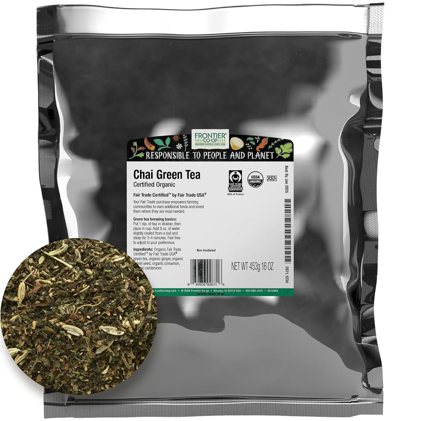 Frontier Co-op Organic Chai Green Tea, 1-Pound Bulk, Robust Combination of Green Tea & Spices, Great as Hot Tea, Fair Trade